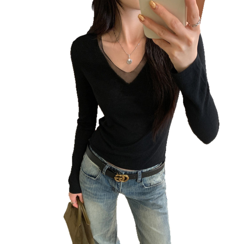 Mesh Spliced White V-Neck Slim Fit Inner Knit Sweater Top